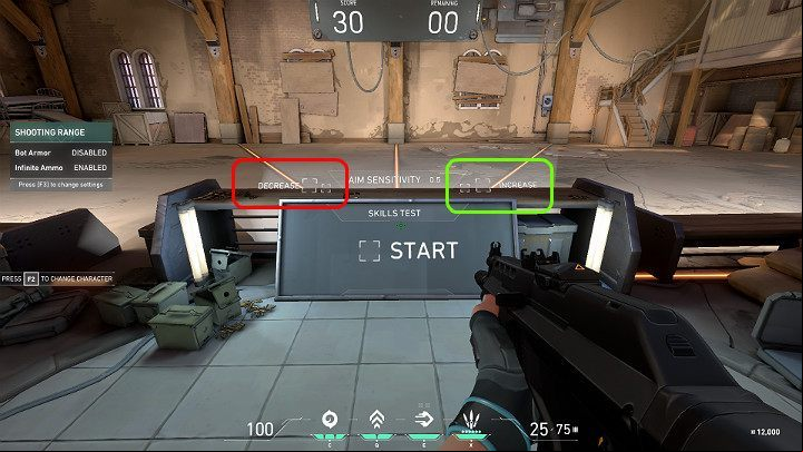 If, after wrist movement, the crosshair stops way in front the target you need to increase the mouse sensitivity (shoot one of the squares in the green field or change it in the game options) - Valorant: Best mouse settings - DPI, acceleration, sensitivity - Appendix - Valorant Guide