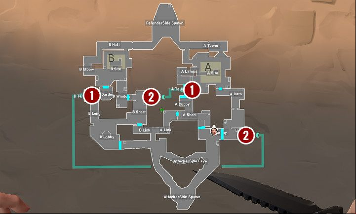 In the image above, the number 1 indicates the entrance to the portals and the number 2 indicates the exit - Valorant: Portals - map, tips and tricks - Basics - Valorant Guide