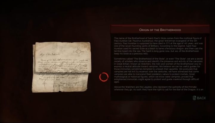 A symbol can be found in the upper right corner of the letter. This is the solution for the puzzle which depicts placements of various symbols on pressure plates near Usher. - How to get a legendary weapon (True Dragonbane) in Vampyr? - FAQ - Vampyr Game Guide