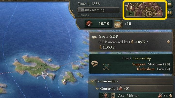 In the top right corner of the screen, you will find a gauge showing how fast the game is - Victoria 3: How do I change the game speed? - FAQ - Victoria 3 Guide