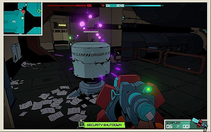 Correctly reprogrammed towers have purple color - How to get rid of Turret Towers and Secbots in Void Bastards? - FAQ - Void Bastards Guide and Tips
