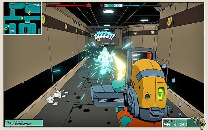 Riveter is a weapon distinguished by the fact that it can shoot a continuous series of bullets - Best weapons and gadgets in Void Bastards - Tables - Void Bastards Guide and Tips