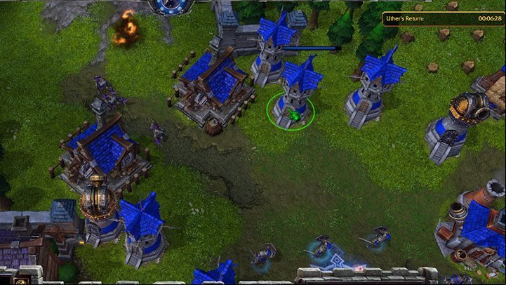 Building a narrow entrance to your base will make defense much easier. This way, you wont be fighting a whole bunch of opponents. Place the watch towers right behind the defensive line, so they can strike enemies from a safe position. - March of the Scourge | Warcraft III Reforged walkthrough - Human Campaign - Warcraft III Reforged Guide