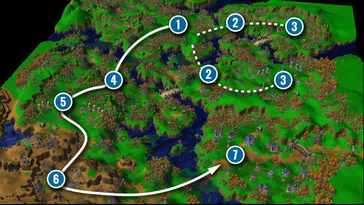 There are many Elven bases and posts on this map, but in order to win this scenario you only have to defeat one enemy which guards the Elfgate (the blue enemy) - Into the Realm Eternal | Warcraft III Reforged walkthrough - Undead Campaign - Warcraft III Reforged Guide