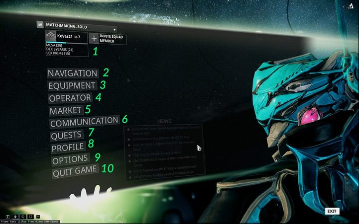 In this section, you will learn how to navigate the main menu in Warframe in search for key topics - where you can find the star map, how to set equipment, check the codex and missions - Warframe - Interface - Main Menu - Basics - Warframe Game Guide