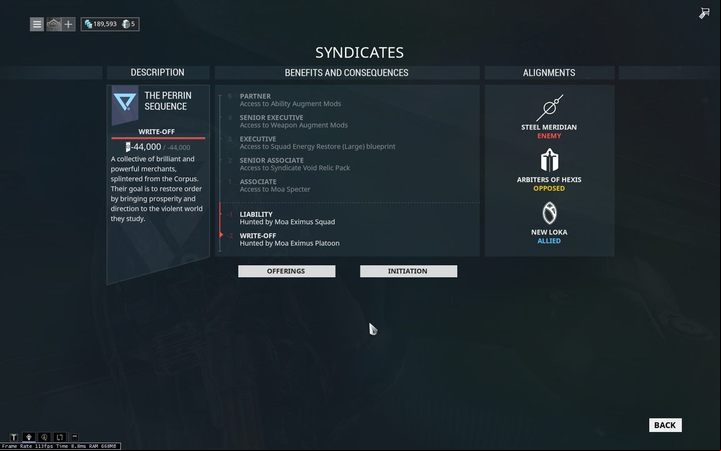 The Perrin Sequence is in good standing with New Loka - +50% to New Loka reputation when completing missions for The Perrin Sequence - Warframe - The Perrin Sequence - Warframe - Syndicates - Warframe Game Guide