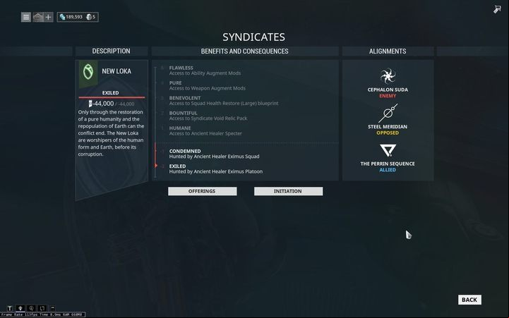 New Loka is in good relations with The Perrin Sequence - +50% of each New Loka reputation gain is added to The Perin Sequence reputation bar - Warframe - New Loka - Warframe - Syndicates - Warframe Game Guide