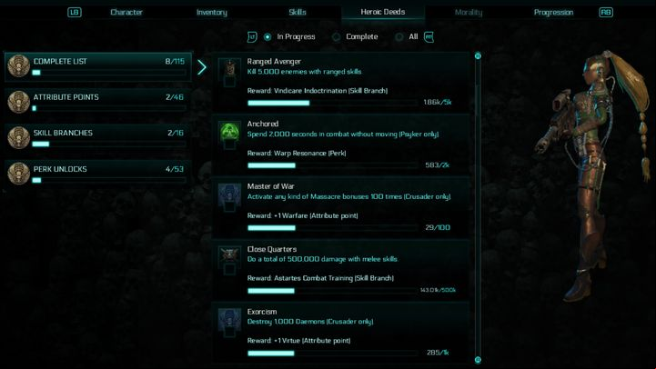 The list of Heroic Deeds along with the descriptions of precise requirements on how to get them. - Heroic Deeds in Warhammer Inquisitor - Martyr - Game Basics - Warhammer Inquisitor - Martyr Game Guide