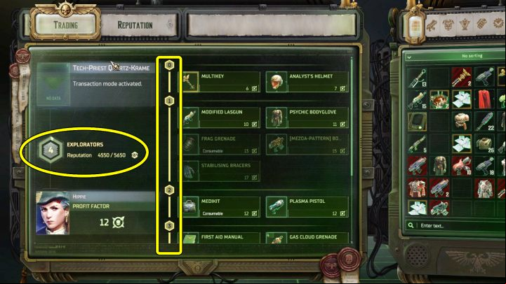 Your current standing with a faction can be viewed by opening the trade window (reputation appears on the left side of the screen) - Rogue Trader: How to increase reputation? - How to - WH40K: Rogue Trader Guide
