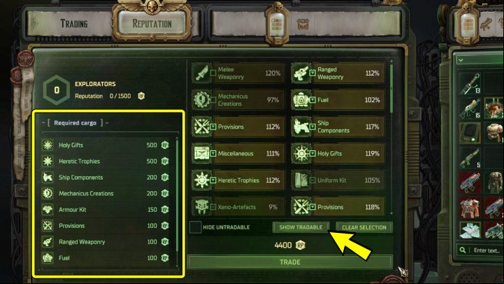 To deliver cargo, in the trade window, enter the Reputation tab and choose cargo you want to deliver to the faction - Rogue Trader: How to increase reputation? - How to - WH40K: Rogue Trader Guide