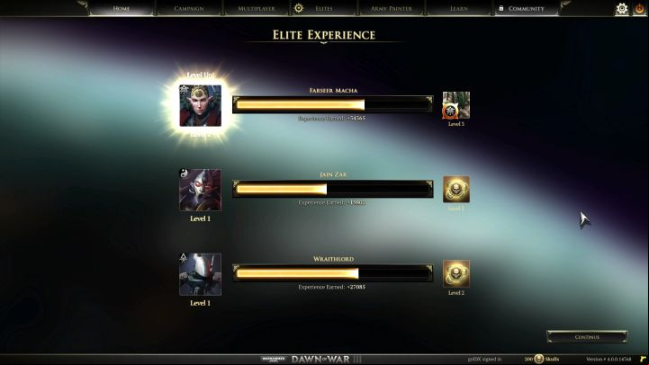 Elite units receive accumulated experience points after the game / campaign mission. - What can you gain by leveling-up elites? - FAQ - Warhammer 40,000: Dawn of War III Game Guide