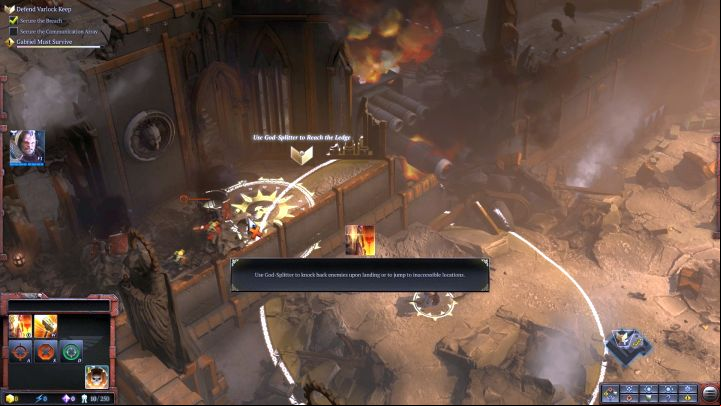 Use Gabriels second active ability, God-Splitter, to get to the specified place. - Mission 1 - The Defense of Varlock Keep - Campaign Walkthrough - Warhammer 40,000: Dawn of War III Game Guide