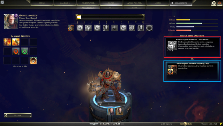 Command doctrine marked with red and presence doctrine with blue. - Elite points and elite units - Gameplay - Warhammer 40,000: Dawn of War III Game Guide