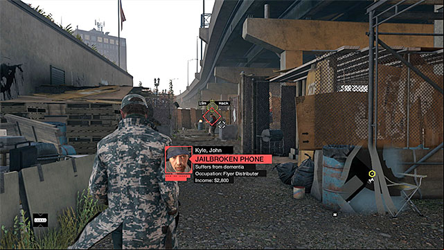 Activate the Profiler (press the hacking key/button) and start scanning the homeless near Tobiass store - Mission 4 (One Foot in the Grave) | Main missions - Act II - Main missions - Act II - Watch Dogs Game Guide