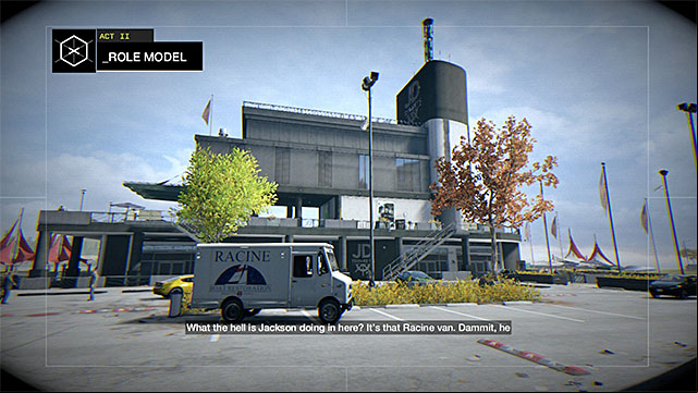 The restricted area is the big single building and a part of the adjacent parking lot - Mission 13 (Role Model) | Main missions - Act II - Main missions - Act II - Watch Dogs Game Guide