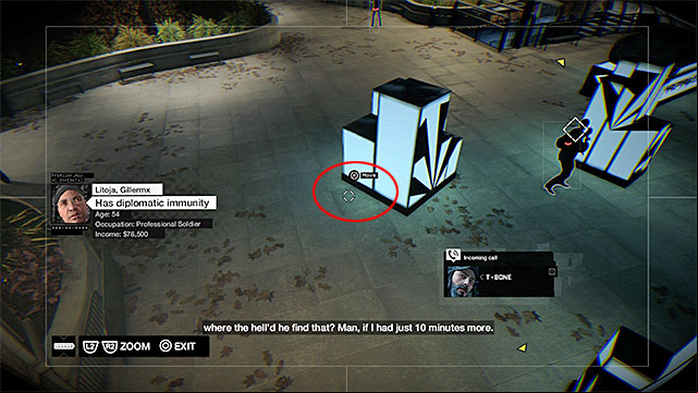 T-Bone needs to be escorted into the vicinity of the stairs, above which, there is the first hacked camera - Mission 3 (The Rats Lair) | Main missions - Act IV - Main missions - Act IV - Watch Dogs Game Guide