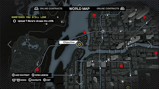 Your next task is to the virus to the ctOS system, and you need to do that in three different spots, spread all around the city - Mission 1 (Sometimes You Still Lose) | Main missions - Act V - Main missions - Act V - Watch Dogs Game Guide