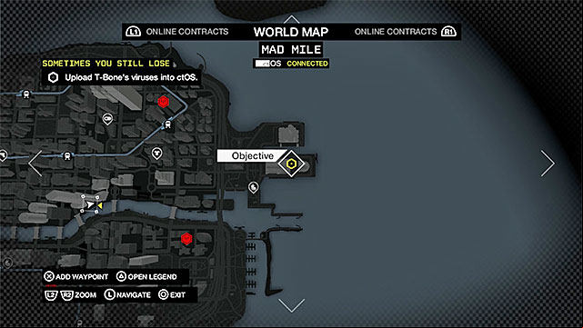The last, third, location to the virus is in the ctOS control center that you have visited earlier in the Eastern part of the Mad Mile (the above screenshot) - Mission 1 (Sometimes You Still Lose) | Main missions - Act V - Main missions - Act V - Watch Dogs Game Guide