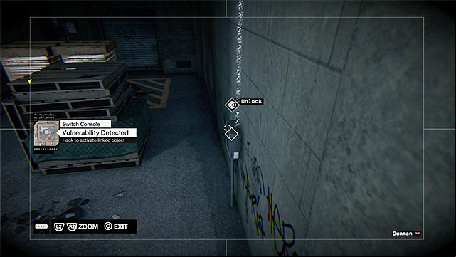 Stick to the left side of the cargo bay, get past two enemies on the right (one of them leaning against a van and the other patrolling the area) - Mission 5 (Open Your World) | Main missions - Act I - Main missions - Act I - Watch Dogs Game Guide