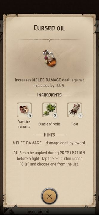 From these ingredients you can prepare: Cursed Oil - The Witcher Monster Slayer: Resources from monsters - Crafting - Witcher Monster Slayer Guide