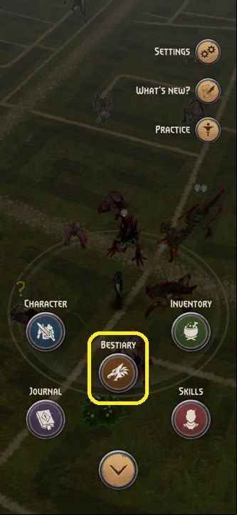 The next step will be to enter the "bestiary" available at the very center of the screen - The Witcher Monster Slayer: Combat - bestiary - Fight - Witcher Monster Slayer Guide