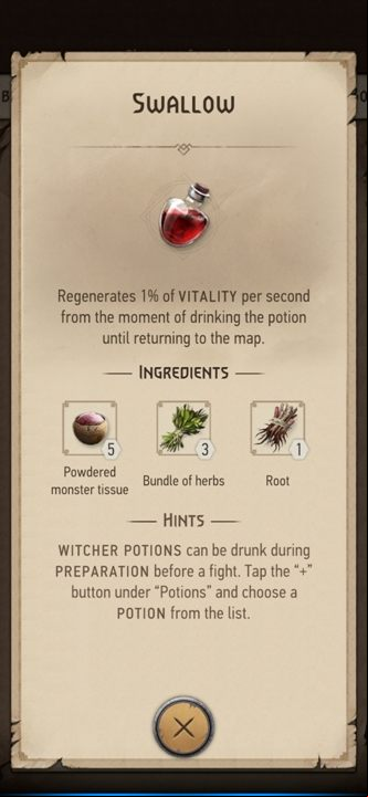Action: regenerates 1% of health - The Witcher Monster Slayer: Potions - Recipes - Witcher Monster Slayer Guide