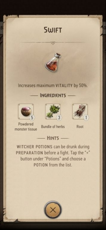 Effect: increases the number of health points by 50% - The Witcher Monster Slayer: Potions - Recipes - Witcher Monster Slayer Guide