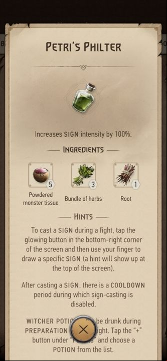 Effect: Increases the strength of witcher signs by 100% - The Witcher Monster Slayer: Potions - Recipes - Witcher Monster Slayer Guide