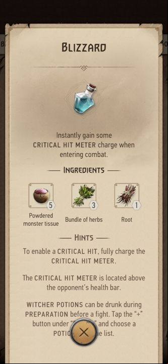 Effect: start the fight with a partially filled critical hit bar - The Witcher Monster Slayer: Potions - Recipes - Witcher Monster Slayer Guide
