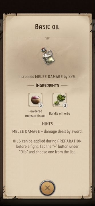 Effect: increases melee damage by 33% - The Witcher Monster Slayer: Oils - Recipes - Witcher Monster Slayer Guide