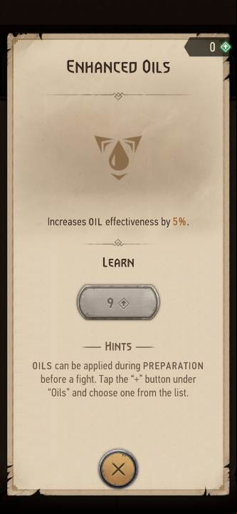 Effect: increases the effectiveness of oils - The Witcher Monster Slayer: Skills - alchemy - Skills - Witcher Monster Slayer Guide