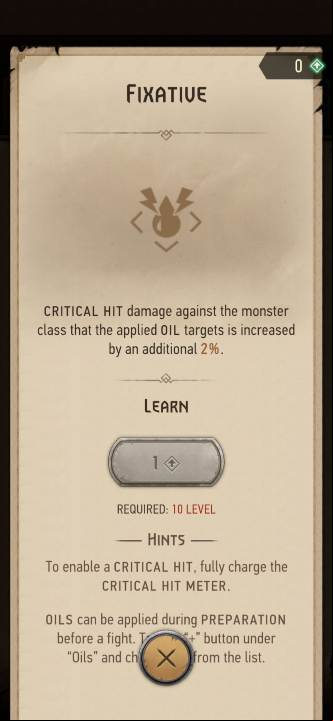 Effect: increases critical hit damage against the monster class that the applied oil targets - The Witcher Monster Slayer: Skills - alchemy - Skills - Witcher Monster Slayer Guide