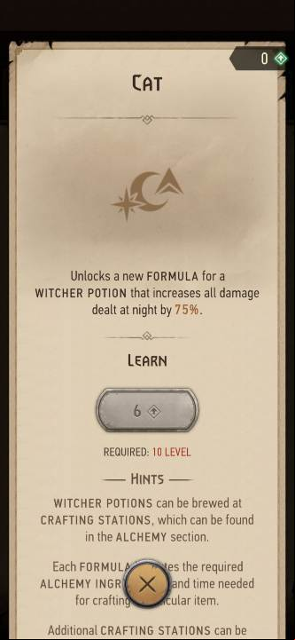 Effect: allows you to create the Cat potion - The Witcher Monster Slayer: Skills - alchemy - Skills - Witcher Monster Slayer Guide