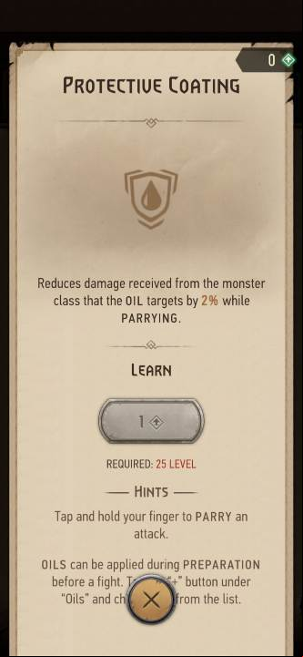 Effect: reduces the damage taken from a monster class the oil targets when parrying - The Witcher Monster Slayer: Skills - alchemy - Skills - Witcher Monster Slayer Guide