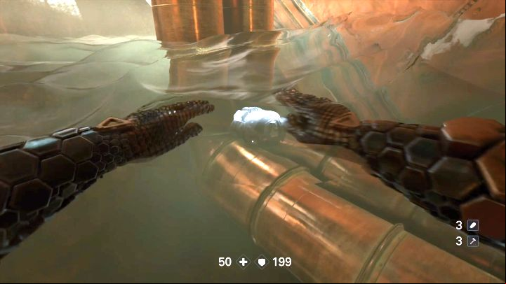 Big armor is located on underwater pipes. - The Signal Walkthrough - Mission 1 - Reunion - Chapter 1 - Reunion - Wolfenstein II: The New Colossus Game Guide