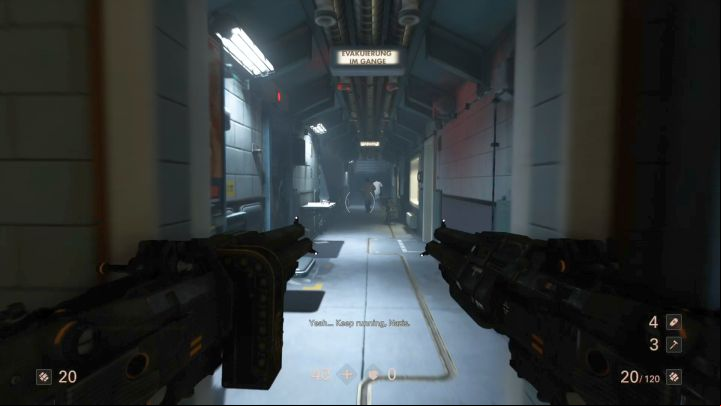 The enemies make things easier by standing with their backs to you. - Elevator and Hangar | Chapter 4 - Roswell | Walkthrough - Chapter 4 - Roswell - Wolfenstein II: The New Colossus Game Guide