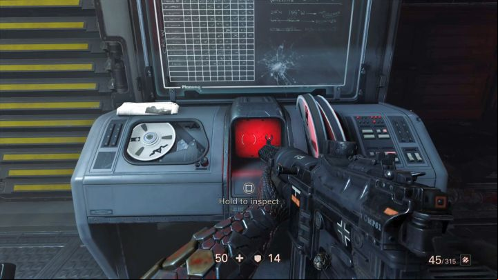 The newspaper lies on a console near the door with yellow stripes. - Secrets in Under Siege - Mission 1 - Reunion - Chapter 1 - Reunion - Wolfenstein II: The New Colossus Game Guide