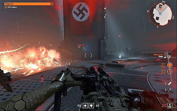 While fighting, dont forget to help your fallen sister, call for help if you lose all your health, use shouts and hide behind the towers if you need a moment to rest - General Lothar - final boss in Wolfenstein Youngblood - Bosses and mini-bosses - Wolfenstein Youngblood Guide