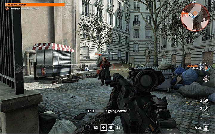 Find the courtyard where Commander Bayer is located (picture above) and attack him - The Silent Outpost | Wolfenstein Youngblood Walkthrough - Side missions - Wolfenstein Youngblood Guide