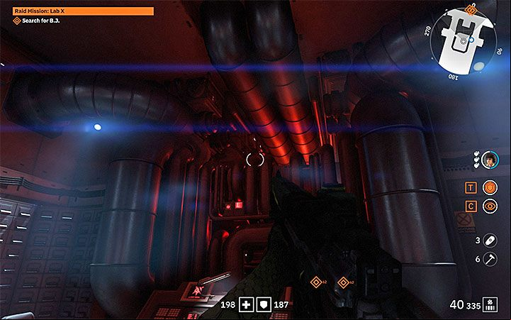 In order to by the second pair of laser barriers, enter the control room and locate the hole between the pipes - the attached picture shows it - Raid Mission Lab X | Wolfenstein Youngblood Walkthrough - Main story - Wolfenstein Youngblood Guide