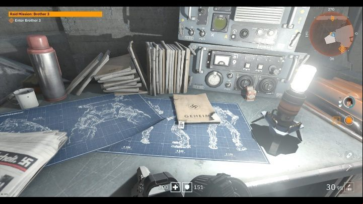 The newspaper is on the table full of papers and plans of the enemies - Secrets and collectibles in Brother 3 | Wolfenstein Youngblood - Collectibles and secrets - Wolfenstein Youngblood Guide