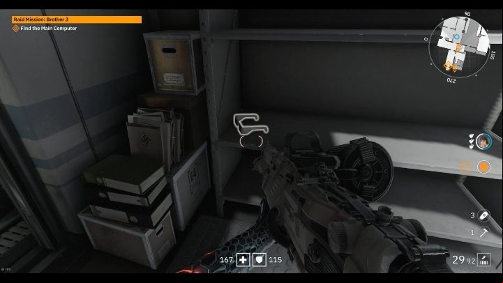 The glasses are waiting for you on a metal shelf, next to a pile of cartons and papers - Secrets and collectibles in Brother 3 | Wolfenstein Youngblood - Collectibles and secrets - Wolfenstein Youngblood Guide