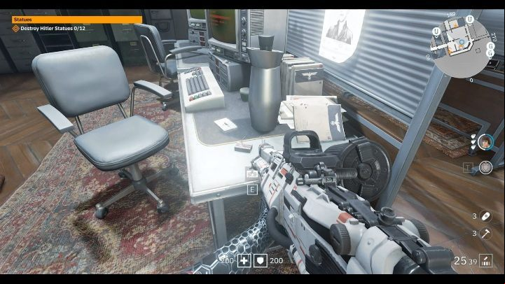 There is a white cassette tape on the well-lit table - Secrets and collectibles in Viktory Boulevard | Wolfenstein Youngblood - Collectibles and secrets - Wolfenstein Youngblood Guide