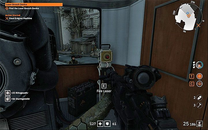 The destination is a triangular square with a parked bus with a laser gun installed on it - Laser Breach Device | Wolfenstein Youngblood Walkthrough - Side missions - Wolfenstein Youngblood Guide