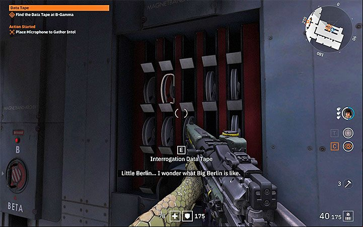 The description of this task in your journal contains a hint which caches should be checked - in our case they were B-Gamma containers - Data Tape | Wolfenstein Youngblood Walkthrough - Side missions - Wolfenstein Youngblood Guide