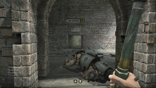 After using the door, crouch down and walk across the metal bridge to the place depicted in the picture - Chapter 1 - Prison - Walkthrough - Wolfenstein: The Old Blood - Game Guide and Walkthrough