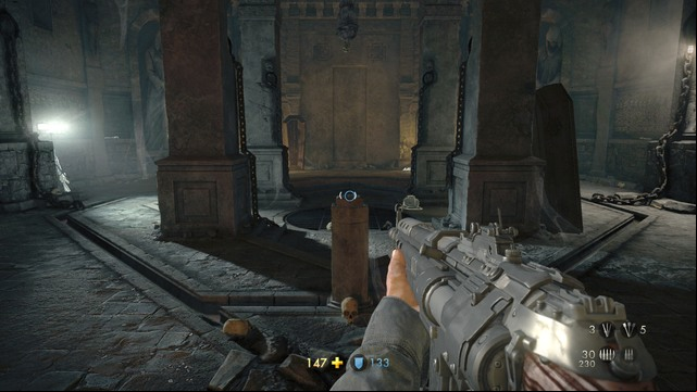 Follow the narrow path along the rift in the floor until you get to a hexagonal room - Chapter 8 - Dig Site - Walkthrough - Wolfenstein: The Old Blood - Game Guide and Walkthrough