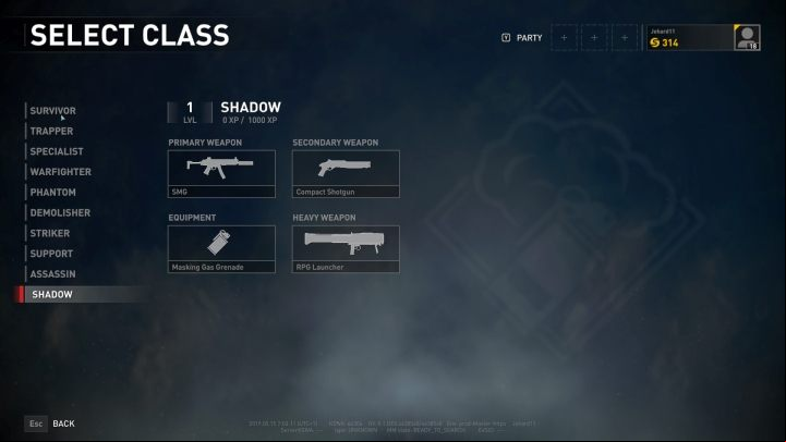 The Shadow class selection screen. - Player vs Player World War Z - character classes - Player vs Player mode - World War Z Guide