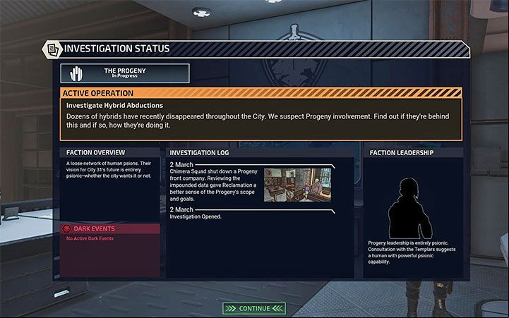 Investigation progress is displayed in the Investigation menu, one of the tabs of the City 31 menu - XCOM Chimera Squad: Hostile factions - Basics - XCOM Chimera Squad Guide