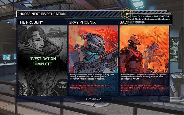 Once the investigation is complete, another alien faction must be selected to be infiltrated and neutralized - XCOM Chimera Squad: Hostile factions - Basics - XCOM Chimera Squad Guide